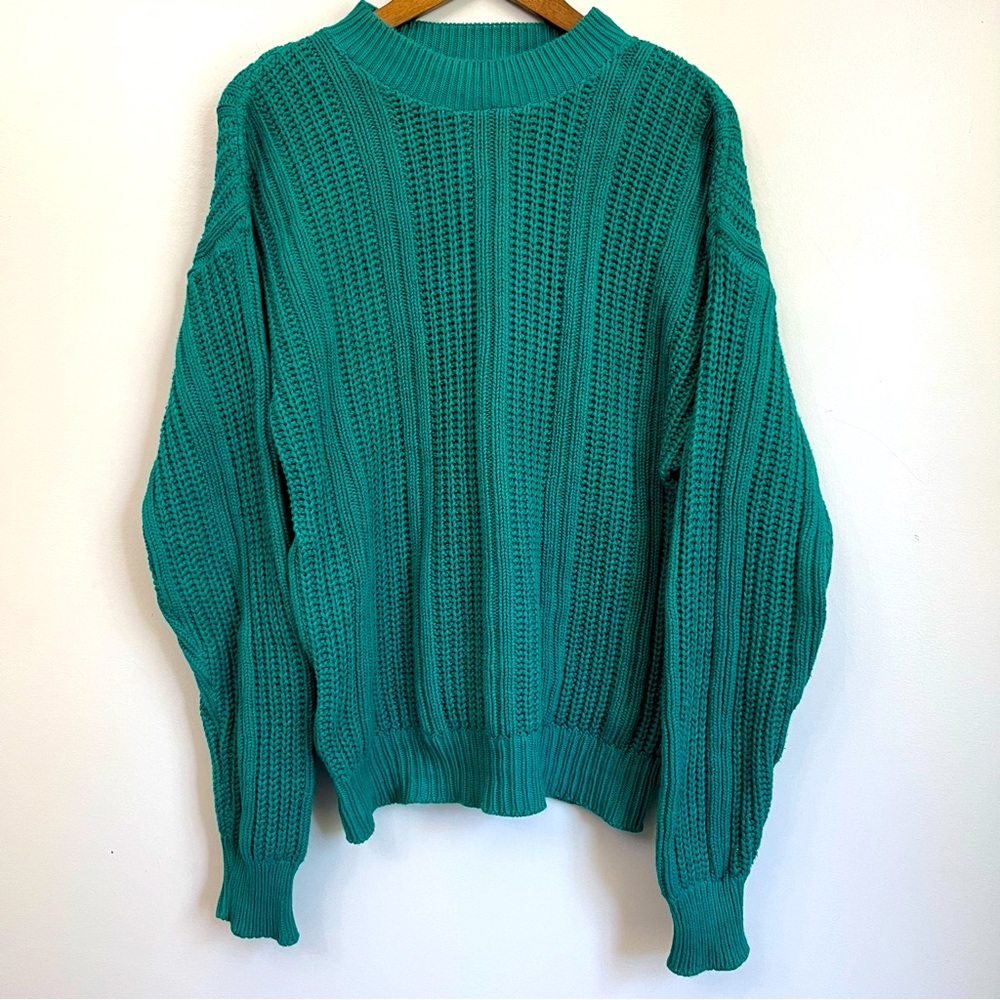 Oversized Fisherman Knit Sweater Chunky 100% Cotton Made in USA Green Size L